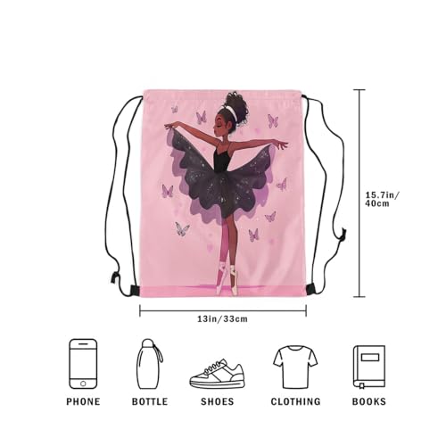 Image of jejeloiu Ballet Drawstring Backpack 13x15.7inch Black American Waterproof Gym Drawstring Bags Princess Sports String Backpack Beach Swim Travel Bag Sackpack