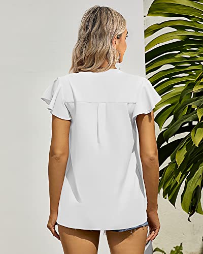2 Pack Women's Tops Dressy Casual, Summer Ruffle Short Sleeve Top V Neck Tunic Top Blouses Loose Fitted T Shirt (White, Pink, Large) #TOP4