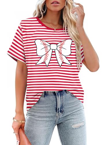 Camiseta feminina de beisebol com laço de beisebol, com lantejoulas, bordada, beisebol, mãe, listrad