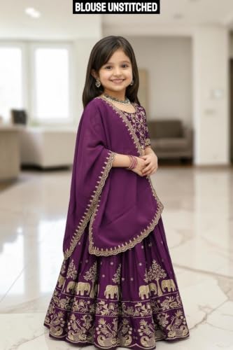 Image of Kids Chiffon Lehenga Choli, Embroidered Elephant and Floral Print, Festive Ethnic Wear with Dupatta