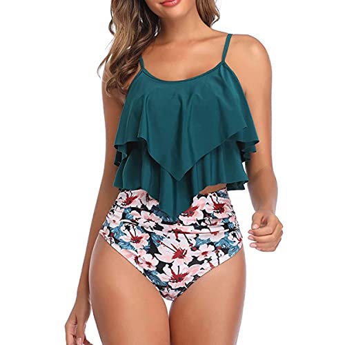 FLYILY Femmes Deux Pièces Taille Haute Maillots De Bain Tankini Ensembles À Volants Ruché Costume De Natation(2-GreenFlower,L) Cover