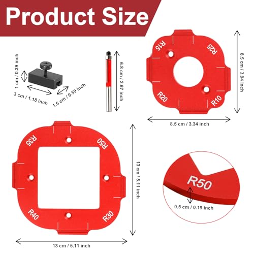 2 Stück Eckradius-Frässchablonen R10-R50 für Oberfräse, 4 in 1 Oberfräse Radius Schnellvorrichtung, Frässchablone Oberfräse mit Nutfräser für Holzbearbeitung DIY