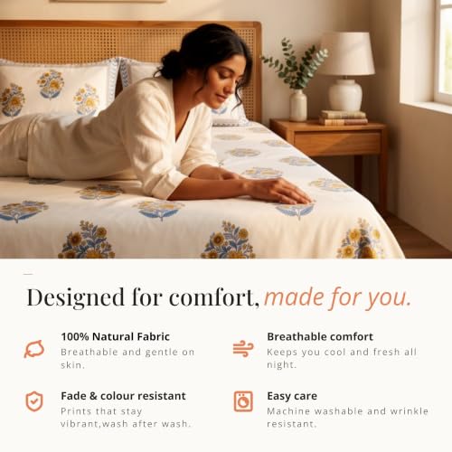 Image of Naksh Bedsheet Queen Size Bed Cotton | Royal Sajawat Vintage Mughal Floral Bedsheet with 2 Pillow Covers | Pure Cotton Bedsheets for Queen Size Bed | Royal Blue Cotton Bedding Set