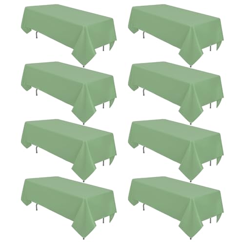 8 Pack Sage Green Tablecloth 60 x 102 Inch Polyester Table Cloth for 6 Foot Rectangle Tables, Wrinkle Resistant Washable Decorative Fabric Table Covers for Wedding Party Banquet Buffet and Camping