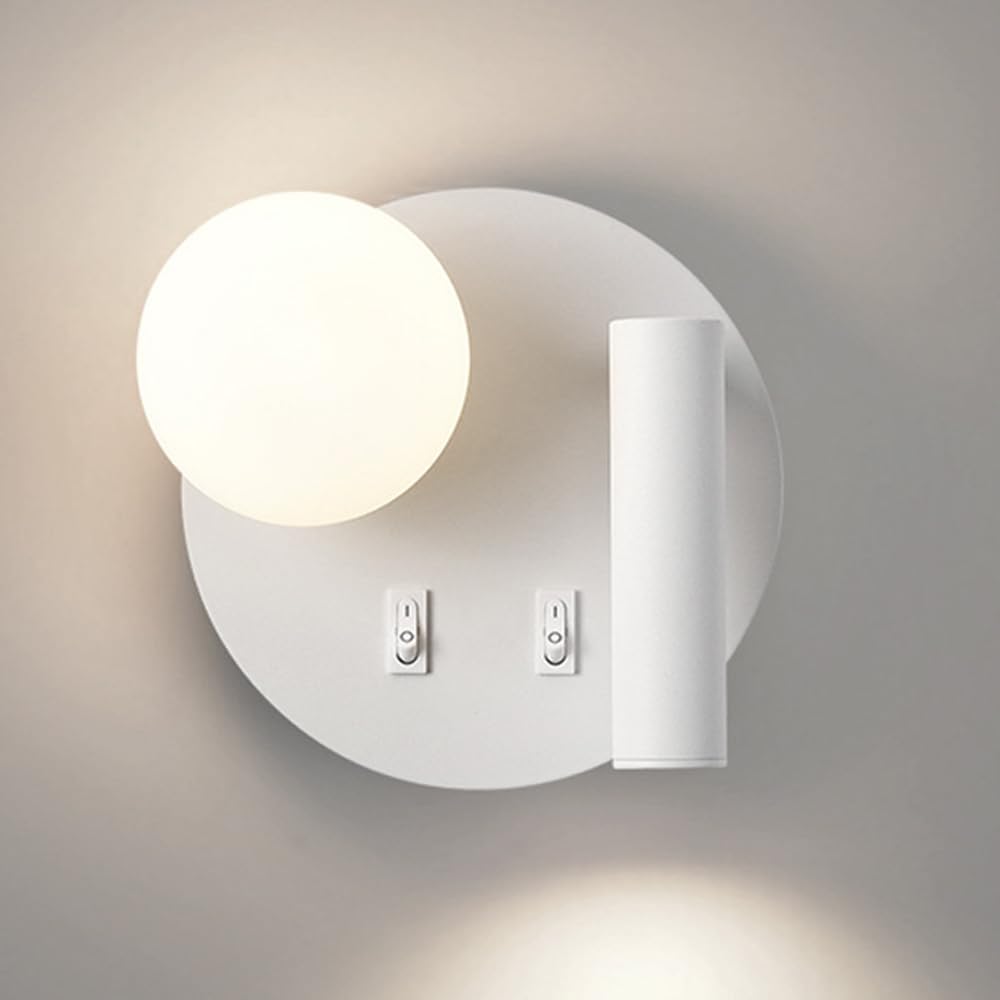 SXECAEPS Round Wall Sconce LED Mount Reading Light Bedside Lamp With Switch Globe Glass Sconces Bedroom Headboard Lights for Living Room Hotel Bed Read