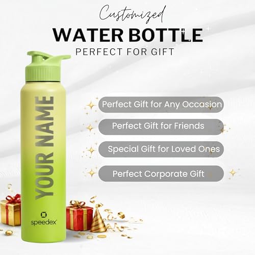 Image of Speedex Customised Stainless Steel Water Bottle 1 Ltr with Name - Personalised Engraved Sipper Cap Bottle for Kids, Men & Women, School, Gym, Office Lime Green, Set of 1