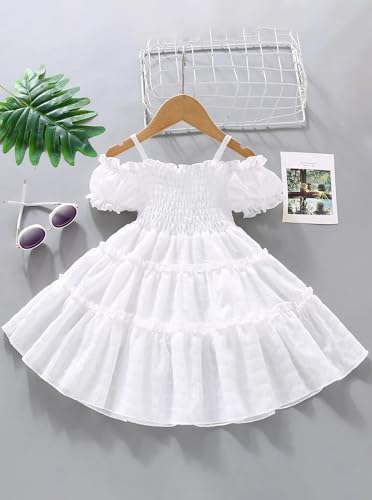 Hilinker Girls Cute Puff Sleeve Summer Cold Shoulder Sundress