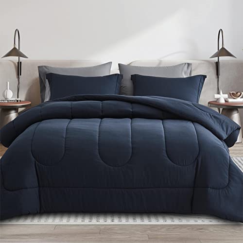 Maple&Stone Twin Comforter Set 5 Pieces Bed in a Bag - Down Alternative Bed Set with Sheets, Pillowcase & Sham, Soft Reversible Duvet Insert for Twin Bed, Navy & Dark Grey