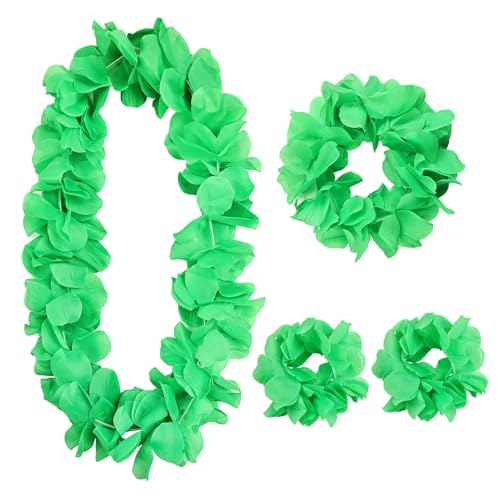 FeelfunFeather 4pcs Hawaiian Leis Bulk,Green Lei Tropical Flower Necklace Hawaii Hula Dance Decor for Summer Beach Pool Luau Party Birthday Decoration Favors Supplies