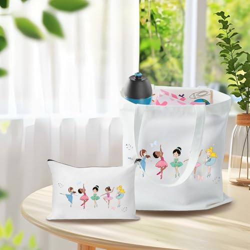 Ballerina Girls Canvas Bags, 2pcs Cute Ballerina Canvas Bags And Makeup Bag, Reusable Grocery Shopping Bag, Performance Gifts, Birthday And Christmas Dance Competition Gifts2