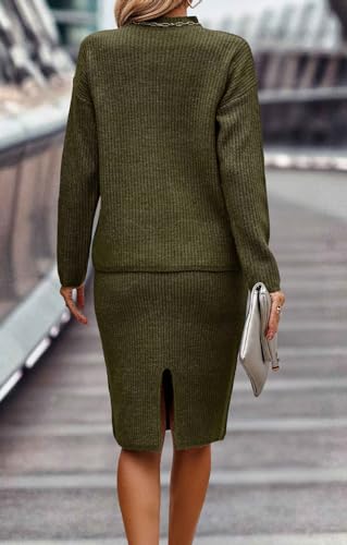 Image of Women 2 Piece Knit Sweater Skirt Set Midi Sweater Dress Long Sleeve Pullover Bodycon Knitted Skirt Set Outfit