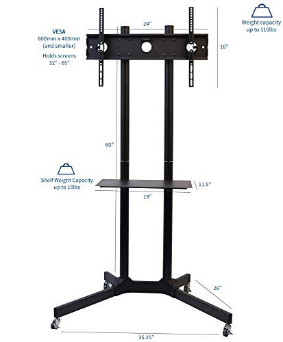 VIVO Mobile TV Cart for 32-65 inch LCD LED Plasma Flat Panel Screen TVs up to 110 lbs, Pro Height Adjustable Rolling Black Stand with Laptop Shelf