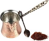 BAYKUL Türkische Kaffeekanne und Kupferlöffel-Set, 400 ml dick, 2 mm dick, antiker Ottoman-Kupfer-Cezve, Herd-Top-Kaffeemaschine Cezve mit Kupfergriff mit Kupferlöffel, für 6 Personen (14 oz - 400 ml)