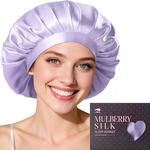 LitBear Gorro de seda de 22 Momme para dormir – Gorro de dormir de 100% seda de morera, capó de seda 100% con banda elástica, gorro de dormir transpirable y ajustable para cabello rizado