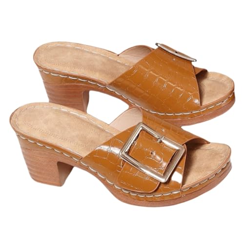 Women's Summer Crocodile Pattern Chunky Heel Sandals - Fashionable Roman Strap High Heeled Slippers with Adjustable Buckle