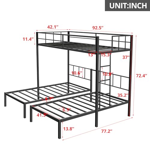 TURRIDU Metal Triple Bunk Bed for 3, Twin Over Twin Over Twin Bunk Beds with Built-in Ladders, Separates into 3 Twin Beds for Teens, Adults, No Box Spring Needed, Black - Thumbnail 2