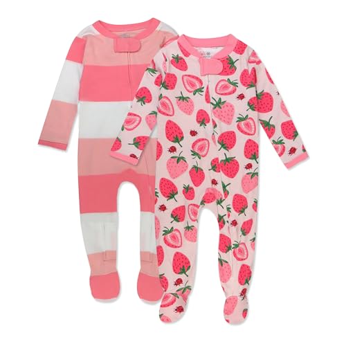 HonestBaby 2-pack Sleep and Play Footed Pajamas One-piece Sleeper Jumpsuit Zip-front Pjs Organic Cotton for Baby Girls, Unisex, Strawberry Slice, 0-3 Months