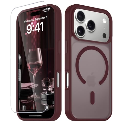 Image of YENAPOON for iPhone 17 Pro Case, Matte Magnetic Phone Cover [with 1 Screen Protector] [Support for MagSafe] [Shockproof Military Grade Protection] Translucent Frosted Back, Wine Red