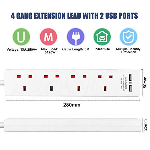 ExtraStar 4 Way Extension Lead with 2 USB Slots, 13A UK Plug Extension, Wall Mounted Power Strips with 3M/9.5FT Extension Cable - White