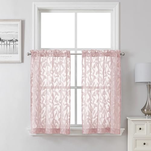 Lecloud Leia Blush Pink Sheer Curtains 36 Inch Length 2 Panels, Jacquard Leaf Textured Voile Short Curtains, Dual Rod Pocket Semi Sheer Tiers for Kitchen Bathroom Bedroom Living Room, 28" W x 36" L