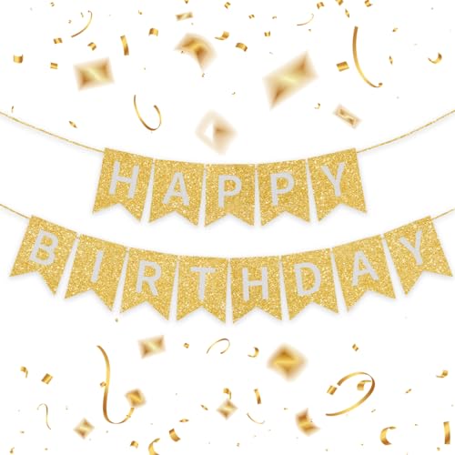 Image of Gold Happy Birthday Banner - 16 ft Pre-Strung Gold Birthday Party Decorations Sign for Girls, Boys, Kids, Women - No DIY Hanging Backdrop for Indoor & Outdoor Celebrations