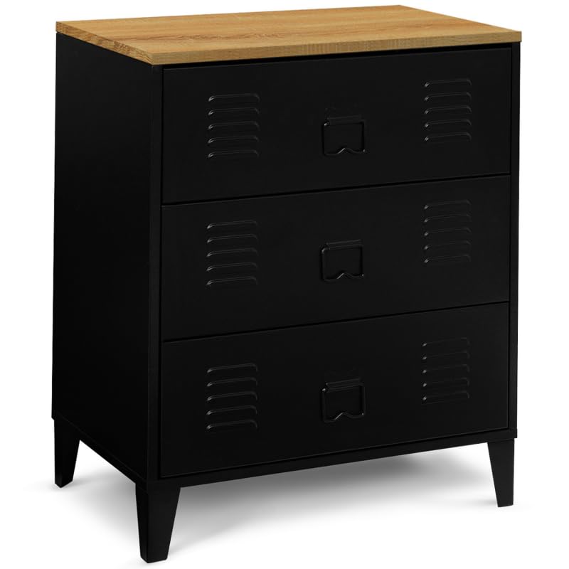 IDMarket – Cómoda 3 cajones Ester 60 cm metal negro y bandeja forma haya diseño industrial
