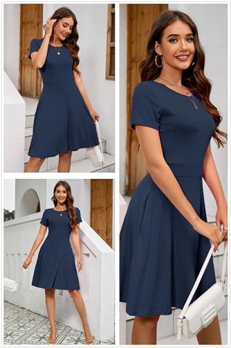 Image of Newshows Womens 2025 Summer Dresses Short Sleeve Ribbed Knit A-Line Swing Beach Vacation Outfits Casual Sundress with Pockets