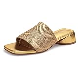 Viciously Vixen Women's Block Kitten Heels Slide Mule Sandals Square Open Toe Shoes, Gold, 8