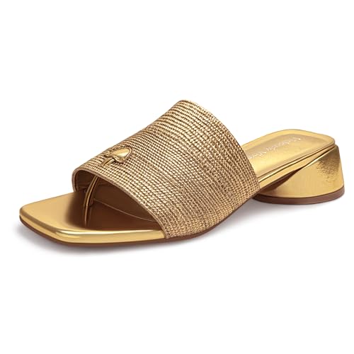 Viciously Vixen Women's Block Kitten Heels Slide Mule Sandals Square Open Toe Shoes, Gold, 8