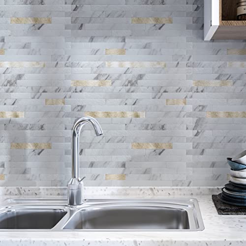 Longking 10-Sheet Peel And Stick Backsplash Tile, Pvc Stick On Tile For Kitchen, Bathroom Vanities, Fireplace Décor - White Marble Interspersed With Metal Gold #TOP1