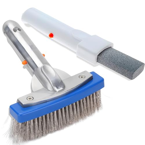 Cepillo de acero inoxidable y piedra pómez para piscina con mango de clip EZ para eliminar manchas de óxido en concreto, yeso, piscina, spa y depósito de calcio en azulejos de piscina