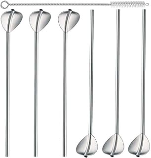 Ouinne 6 Pieces Stainless Steel Drinking Straws with Spoon Reusable Beverage Straw, Metal Cocktail Bar Straw Spoon, Coffee Stirring Straw Spoon, Milk Juice Straw