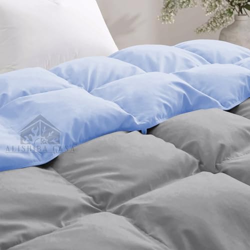 Image of Reversible Heavy Winter Comforter King Size 90 inchX106 inch | 600 GSM Fill for Winter Comforter /Rajai /Duvet /Blanket Hotel Luxury Soft Fluffy King Size - Sky Blue /Silver Grey Color