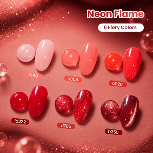 Image of Beetles Red Gel Nail Polish Set - Neon Flame Summer Shimmer Gel Polish, 6 Colors Coral Pink Cherry Red Burgundy Iridescent Gel Nail, Soak Off Uv DIY Manicure Set Gift for Women