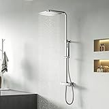 Columna Ducha Termostática YOOZENA,Conjunto de ducha con Grifo Termostatico Ducha Lluvia 25x25cm, Alcachofa de Ducha con Manguera,Regulable en acero inoxidable Cromado Cuadrada