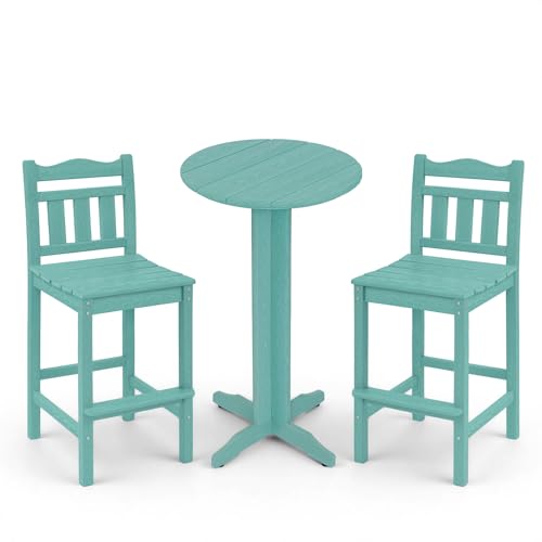 Image of 3-Piece Outdoor Bar Set, HDPE Adirondack Bar Height Chairs Set of 2 and Round Bar Table, All Weather Patio Bar Set Outdoor Bar Stools Set for Balcony, Poolside, Backyard (Aruba Blue)