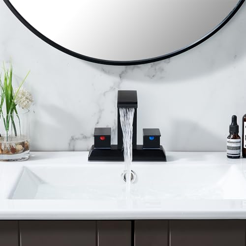 Matte Black Waterfall Bathroom Faucet, 4 inch Centerset Two Handles Bathroom Sink Faucet 2 or 3 Holes Stainless Steel Vanity Lavatory Mixer Tap with Pop-up Drain and Supply Lines - Thumbnail 7