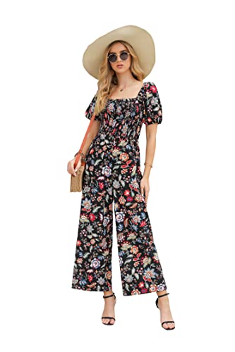 Love Welove Fashion Jumpsuits for Women Dressy Casual – Floral Spring Wide Leg Smocked One Piece Romper Outfits