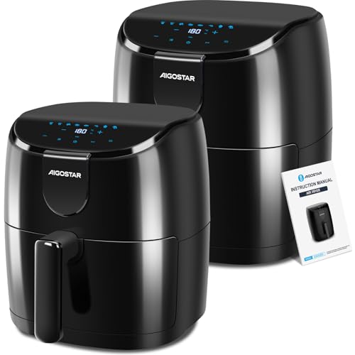 Aigostar Freidora de aire 4L, 8 programas Air Fryer 1500W, Temporizador de 60 minutos, pantalla LED táctil, precalentamiento rápido, Recordatorio de agitación, Libre BPA, 2 Piezas