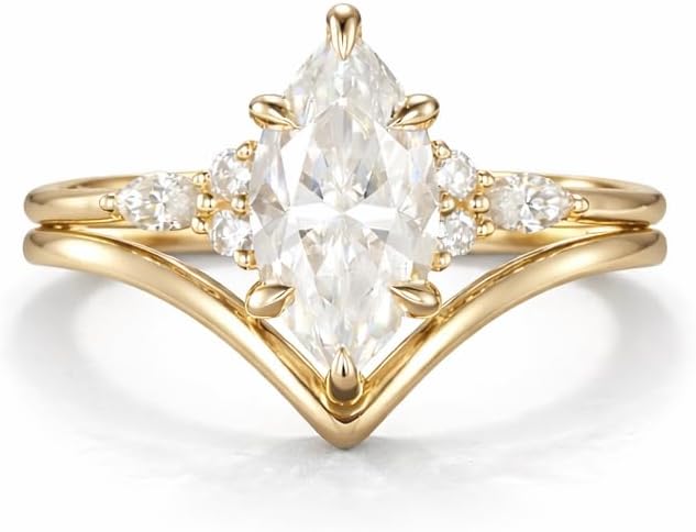 Marquise Cut Moissanite Engagement Ring Set 2PCS Solid Yellow Gold Curved Chevron Wedding Band with Side Stones Bridal Jewelry Gift for Women