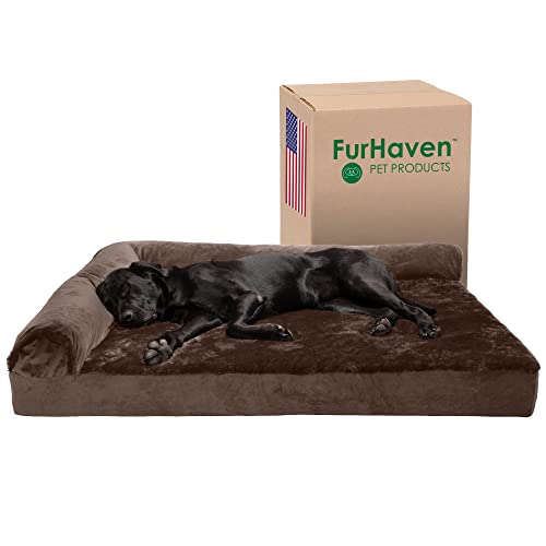 Image of Furhaven Cooling Gel Dog Bed for Large Dogs w / Removable Bolsters & Washable Cover, For Dogs Up to 125 lbs - Plush & Velvet L Shaped Chaise - Sable Brown, Jumbo Plus /XXL