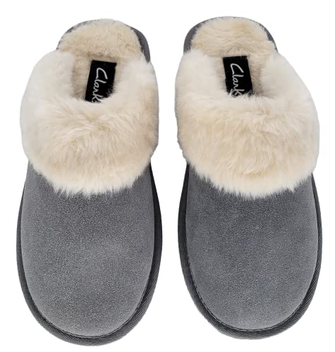 Image of Clarks Womens Open Back Suede Leather Comfort Clog Slipper JMS0583C - Plush Faux Fur Trim - Indoor Outdoor House Slippers For Women