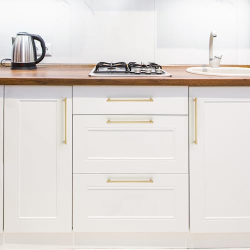 Image of Ravinte 10 Pack 10 Inch Hole Center Solid Kitchen Cabinet Handles Brushed Gold Dresser Pulls Cabinet Drawer Pulls for Kitchen Cupboard Hardware