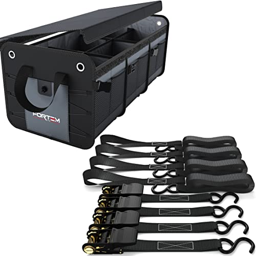 Fortem Car Trunk Organizer (3 Compartment, Grey) + Ratchet Straps #TOP30