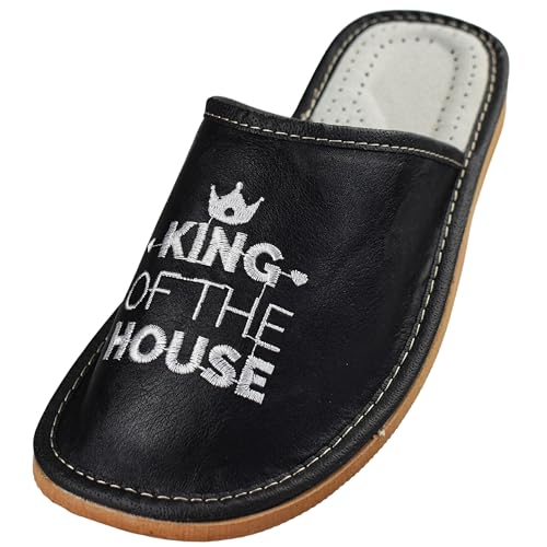 APREGGIO Męskie brązowe kapcie ze sztucznej skóry - "King of The House", wygodne i wytrzymałe, antypoślizgowa podeszwa, czarny, biały, 45 EU