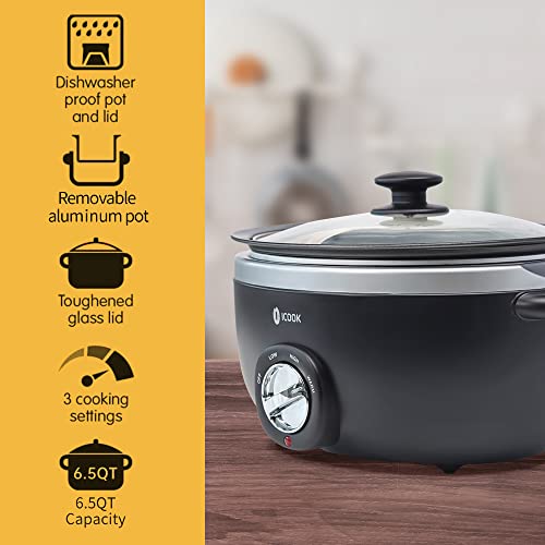 Icook Usc-65-Op001Bk 6.5 Quart Slow Cooker,Aluminium Sear/Sauté Stew Pot Stovetop Safe,Dishwasher Safe,Glass Lid,Adjustable Temp,Food Warmer,Black #TOP1