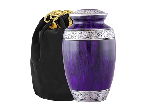 URNS OF DIGNITY Purple Metal Cremation Urn – Adult Size, Stone Finished, Solid Pattern, Screw-Top Lid, 7" L × 7" W × 10.5" H, 200 Cubic Inches, Funeral & Memorial Use