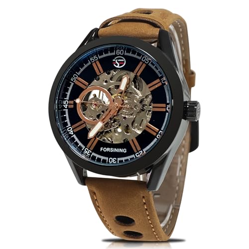 GLEIM Mens Skeleton Automatic Mechanical Wrist Watch Analog Casual Brown Leather Clock