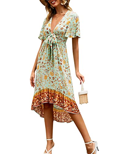 Zeagoo Womens Boho Floral Printed Maxi Dress Tie Front Deep V Neck Short Sleeve Dresses Light Blue #TOP13
