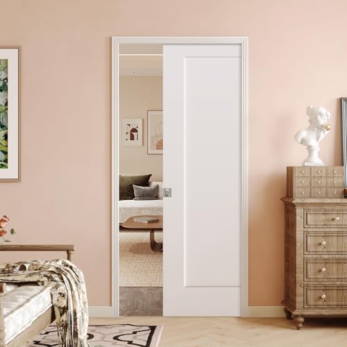 Image of BARNSMITH 36in x 80in Sliding Pocket Door, Track Hardware and Frame Kits with 1-Panel White Paintable Door Slab & Satin Nickel Privacy Latch Included, Soft Close Mechanism, Durable and Smooth